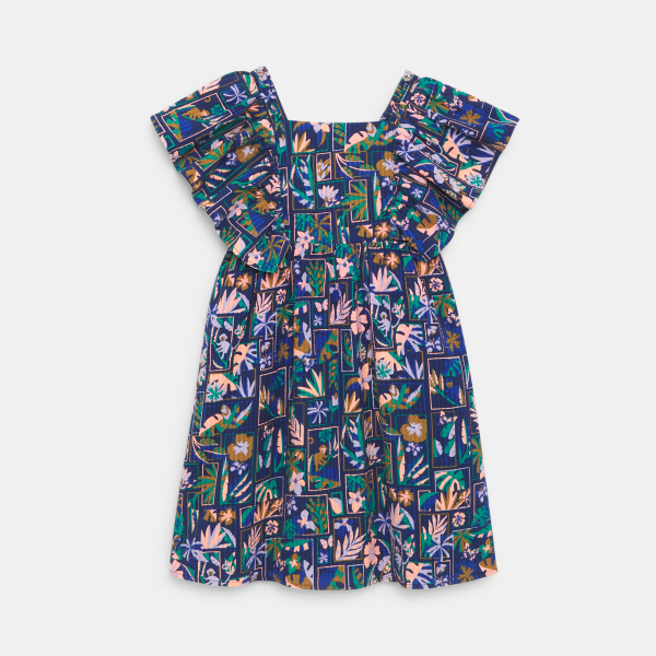 فستان بناتي أزرق مطبوع بأكمام قصيرة مكشكشة